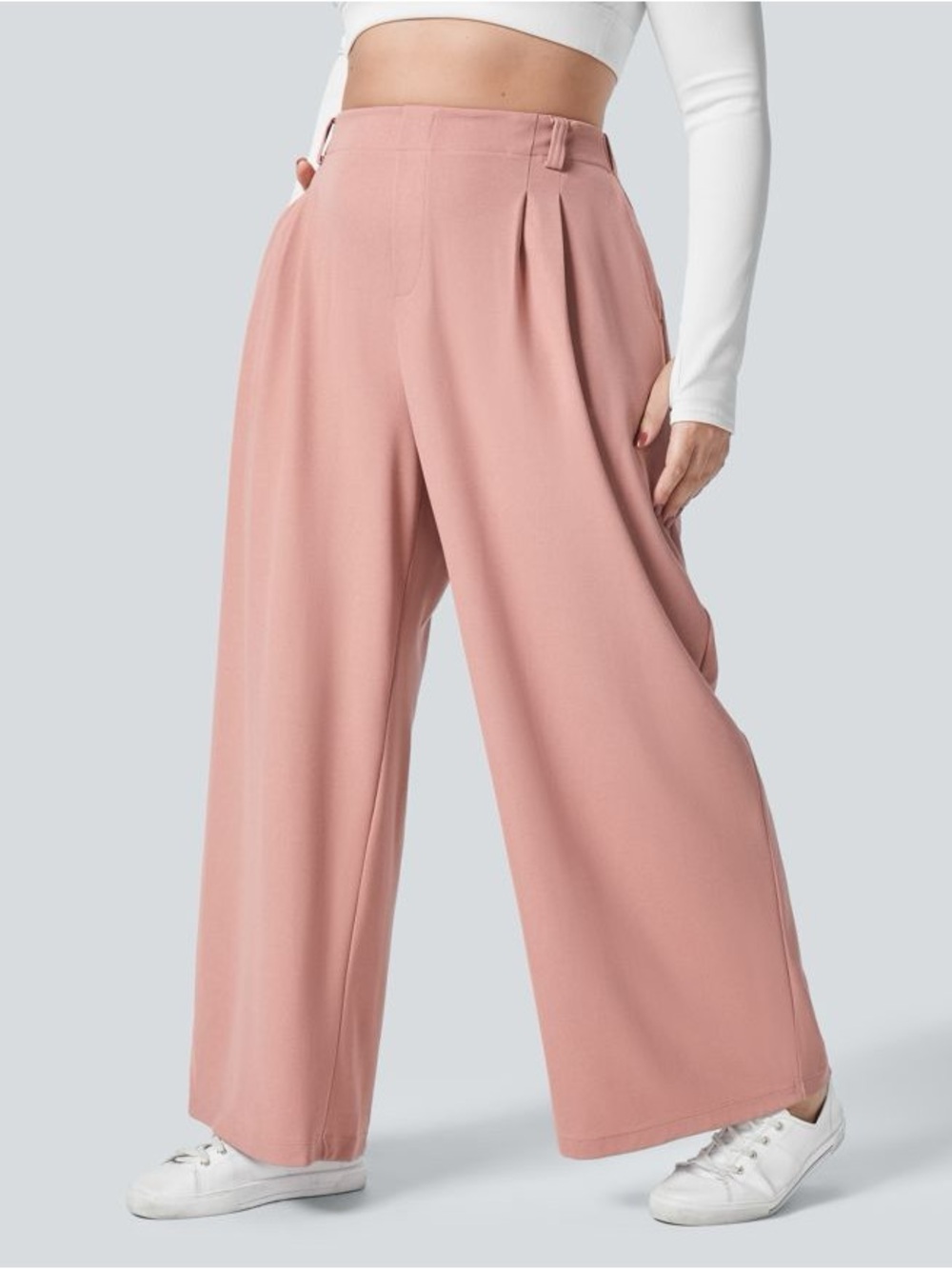 Halara Flex High Waisted Wide Leg Waffle Work Pants Rose Tan Pleated Pockets XL